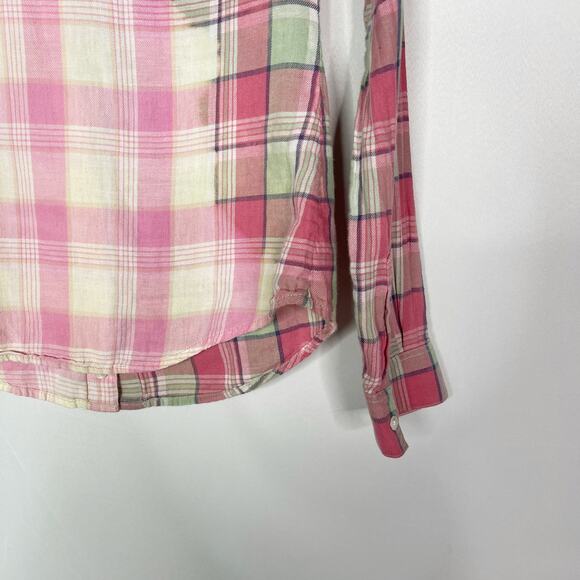 James Perse Womens 1 Small S Pink Bleached Plaid Button Up Shirt Cotton Linen - Picture 7 of 12